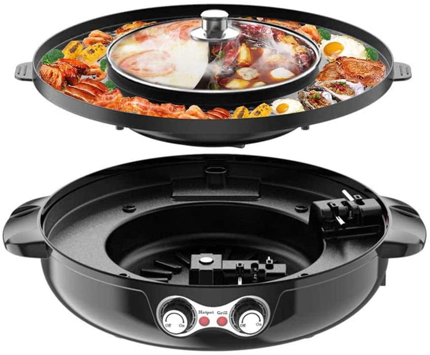 Tabletop Grill and Fondue Korean Barbecue Hot Pot Double Pot TZUTOGETHER Integrated Cooker Pot Electric Baking Tray is Convenient 220V / 1300W Multifunctional BBQ hot Pot 