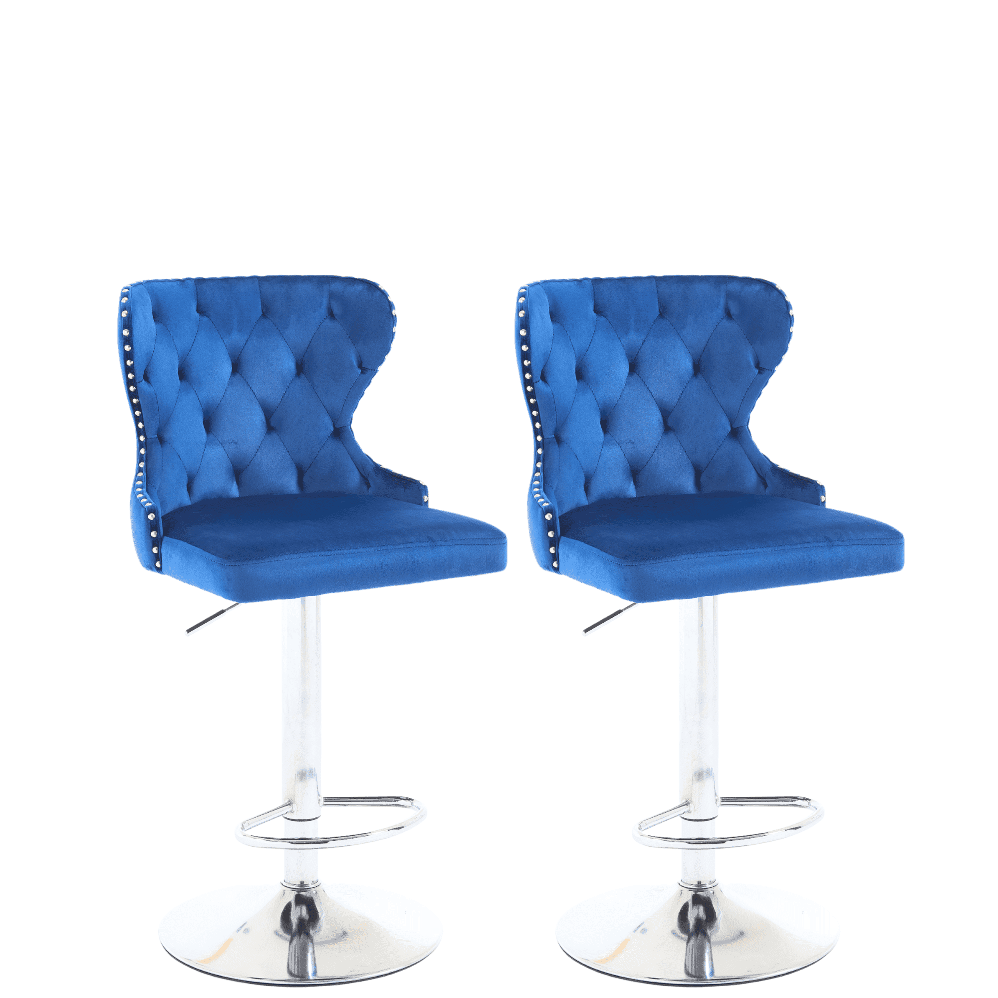 Set of 2 Adjustable Swivel Bar Stools,Velvet Upholstered Counter Height Chairs with Nailhead Trim, Silver Footrest, and High Back for Kitchen Island, Home Bar, Dining Room, Cafe, Blue