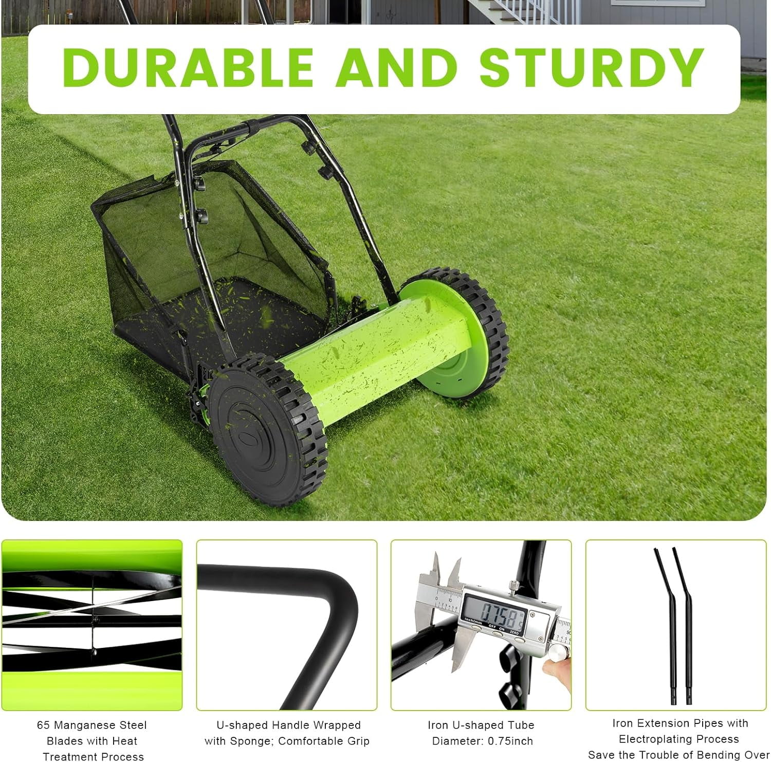 Miumaeov Push Lawn Sweeper,12inch Leaf & Grass Collector,Manual Lawn Mower with Five Blades,5-Blade Cordless Manual Reel Lawn Mower (12inch)