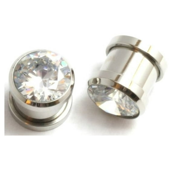 1/2" 12mm Pair Surgical Steel CZ Gem Screw Fit Steel Tunnels Ear Plugs Gauges