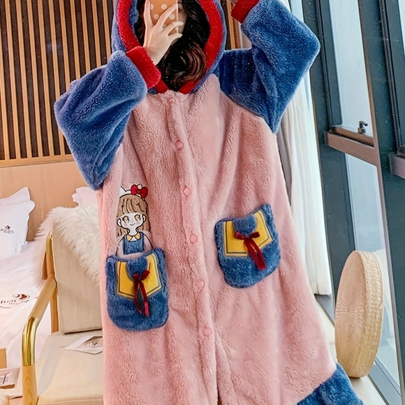 Robe de nuit à capuche floue de dessin animé, jolie Robe à volants avec boutons à manches longues avec poches, vêtements de nuit pour femmes