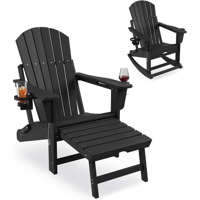 Patio Furniture Adirondack Rocking Chair, Folding & Portable Rocker with Retractable Ottoman & Cup Holders, HDPE All Weather Outdoor Chair for Porch, Deck, Lawn, Garden, Black, 84x 104.6x 74CM