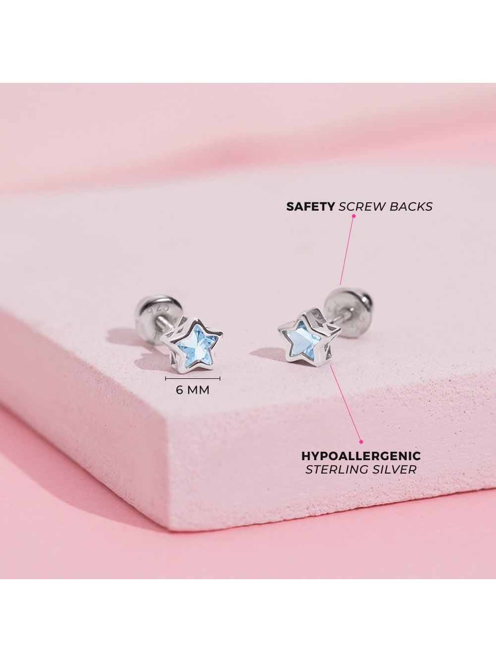 CZ Birthstone Star Simulated Aquamarine Earrings Screw Back - Sterling Silver
