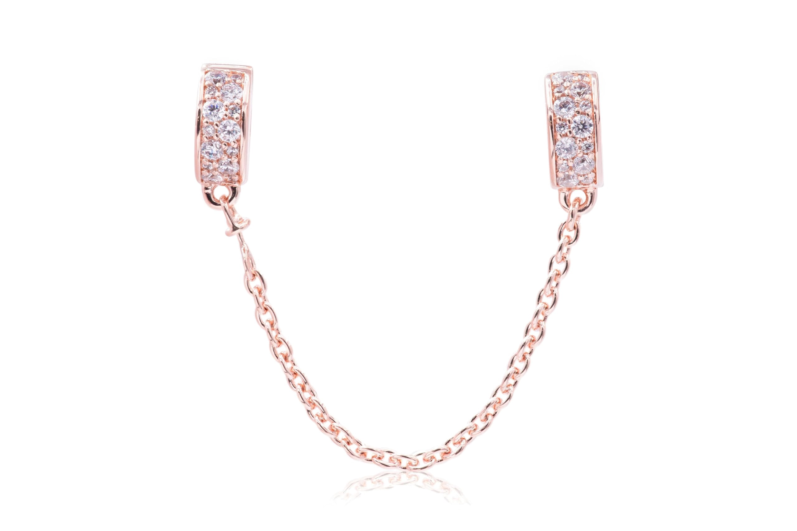 Safety chain in Rose w/56 bead-set clear CZ and silicone grip Charm 50 mm 786322CZ-05