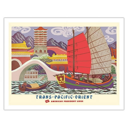 Trans-Pacific-Orient - Temples and Pagodas - American President Lines - Vintage Ocean Liner Travel Poster by Albert Jean Camille c.1949 - Fine Art Matte Paper Print (Unframed) 20x26in