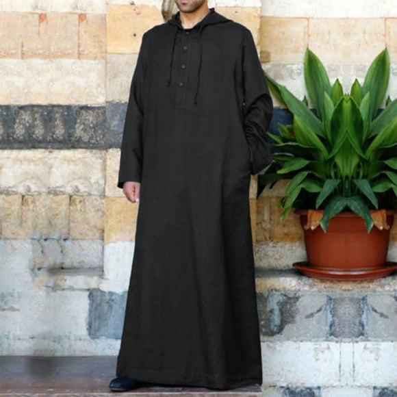 IDALL Hoodie Robe Long Sleeve Shirts for Men Muslim Pocket Hooded Sleeve Casual Thobe Solid Men's Long Jubba Button Robe Men's Blouse Tshirts Shirts for Men Black 4XL