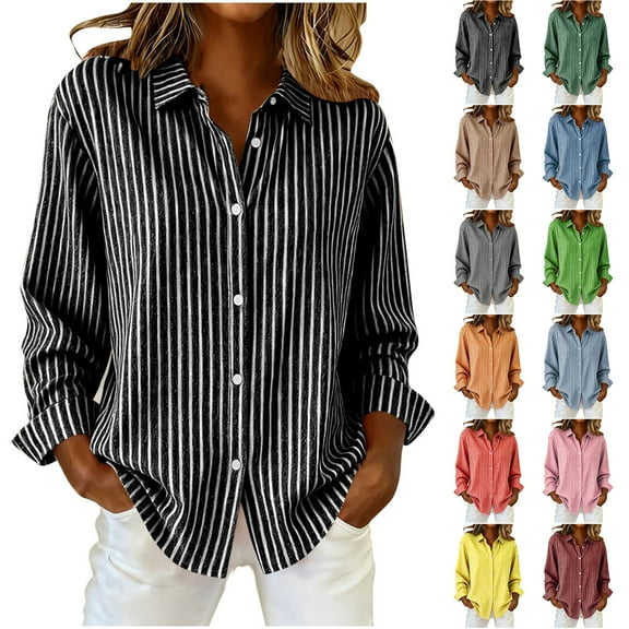 Otntypg Womens Striped Button Down Shirts Cotton Casual Dress Shirt Long Sleeve Collared Office Work Business Blouses Tops Yellow S