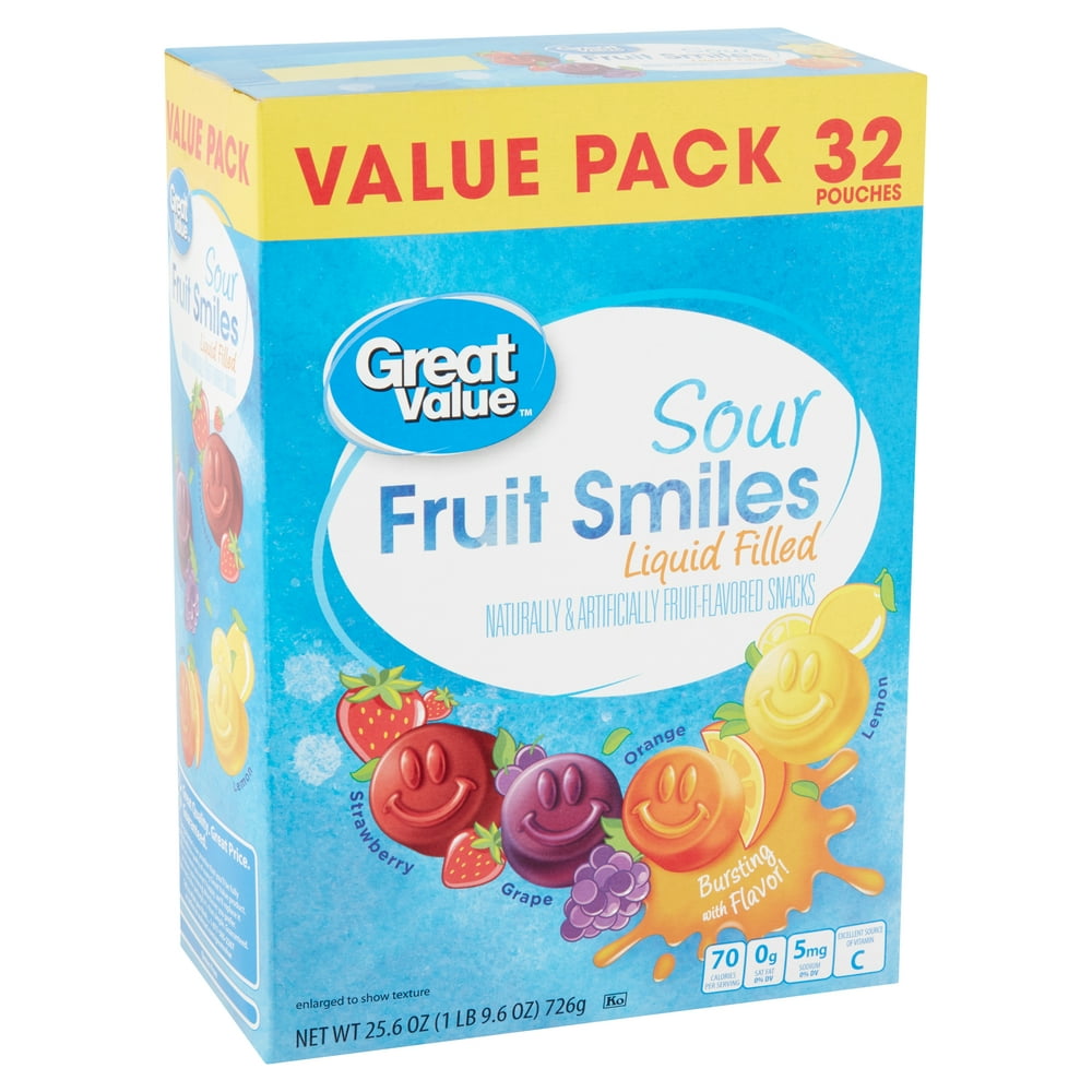 Great Value Sour Liquid Filled Fruit Smiles Pouches, 25.6 oz, 32 Count