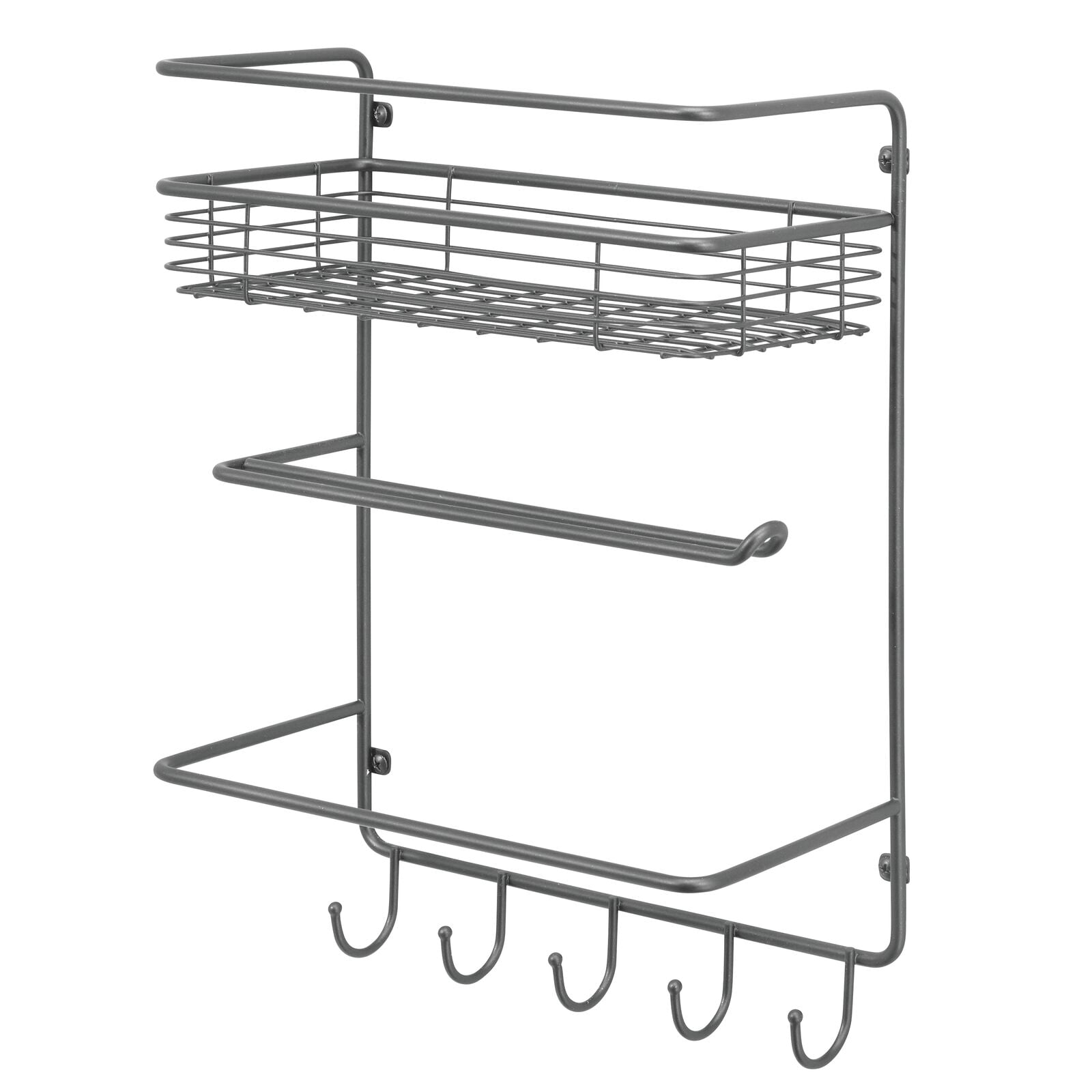 mDesign Metal Wall Mount Paper Towel Holder with Storage Shelf/Hooks Dark Gray