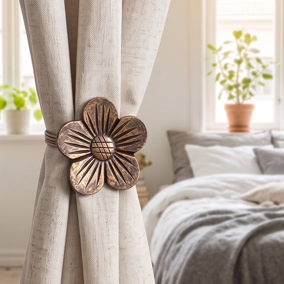 Linnome Vintage Flower Shaped Curtain Tiebacks Resin Magnetic Drapery Holdbacks with Strong Magnets and Rope No Drill Decorative Window Curtain Holders 6.69x3.15in