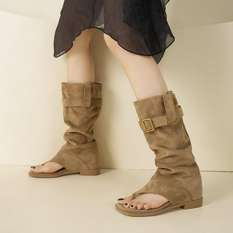 Women's Mid Calf Boots Pull On, Knee High Boots Peep/Open Toe Long