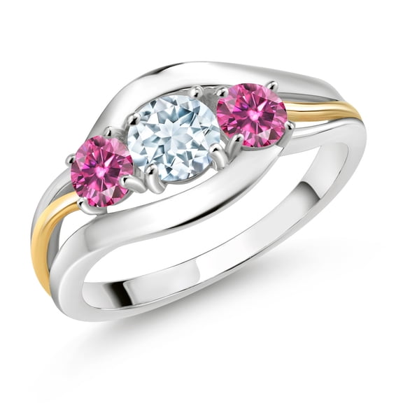Gem Stone King 925 Sterling Silver and 10K Yellow Gold Round Sky Blue Aquamarine and Pink Moissanite 3 Stone Ring for Women (0.96 Cttw, Size 8)