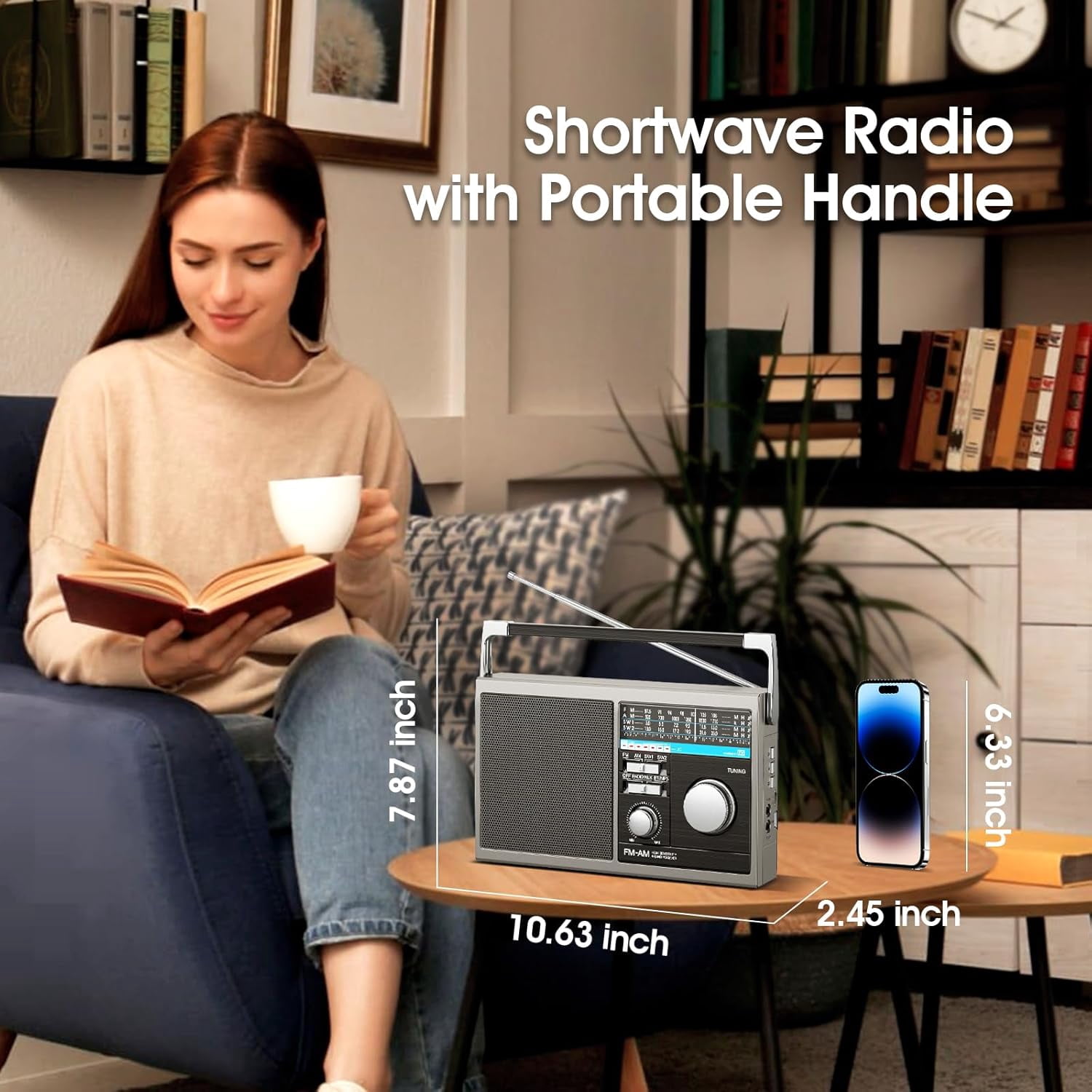 Portable AM FM Radio, Shortwave Transistor Radio with Best Reception, Battery Operated or AC Power Retro with Big Bluetooth Speaker, Earphone Jack USB TF Card AUX Input, for Senior(Gray)