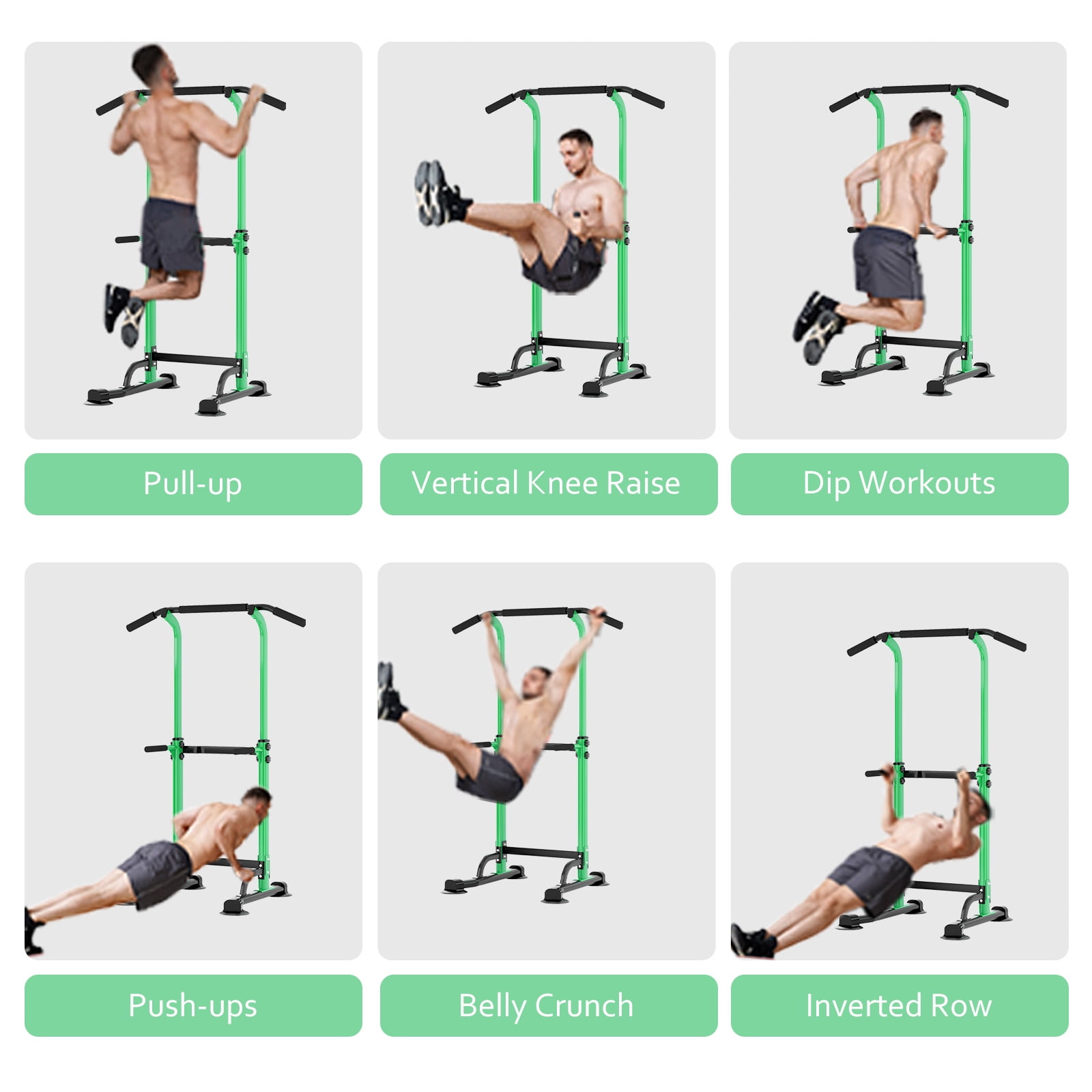 PROHIKER Power Tower Dip Station, Pull Up Bar Stand Power Rack with Backrest, Height Adjustable Strength Training Equipment for Fitness Home Workout, Green