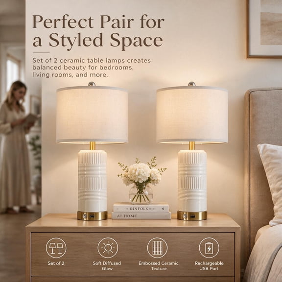 Lumadin White Ceramic Table Lamps Set of 2 with USB A C Charging Ports,23" 3-Way Touch Control Dimmable Bedside Lamps with Linen Shade,Modern Nightstand Lamps for Bedroom Living Room (Bulbs Included)