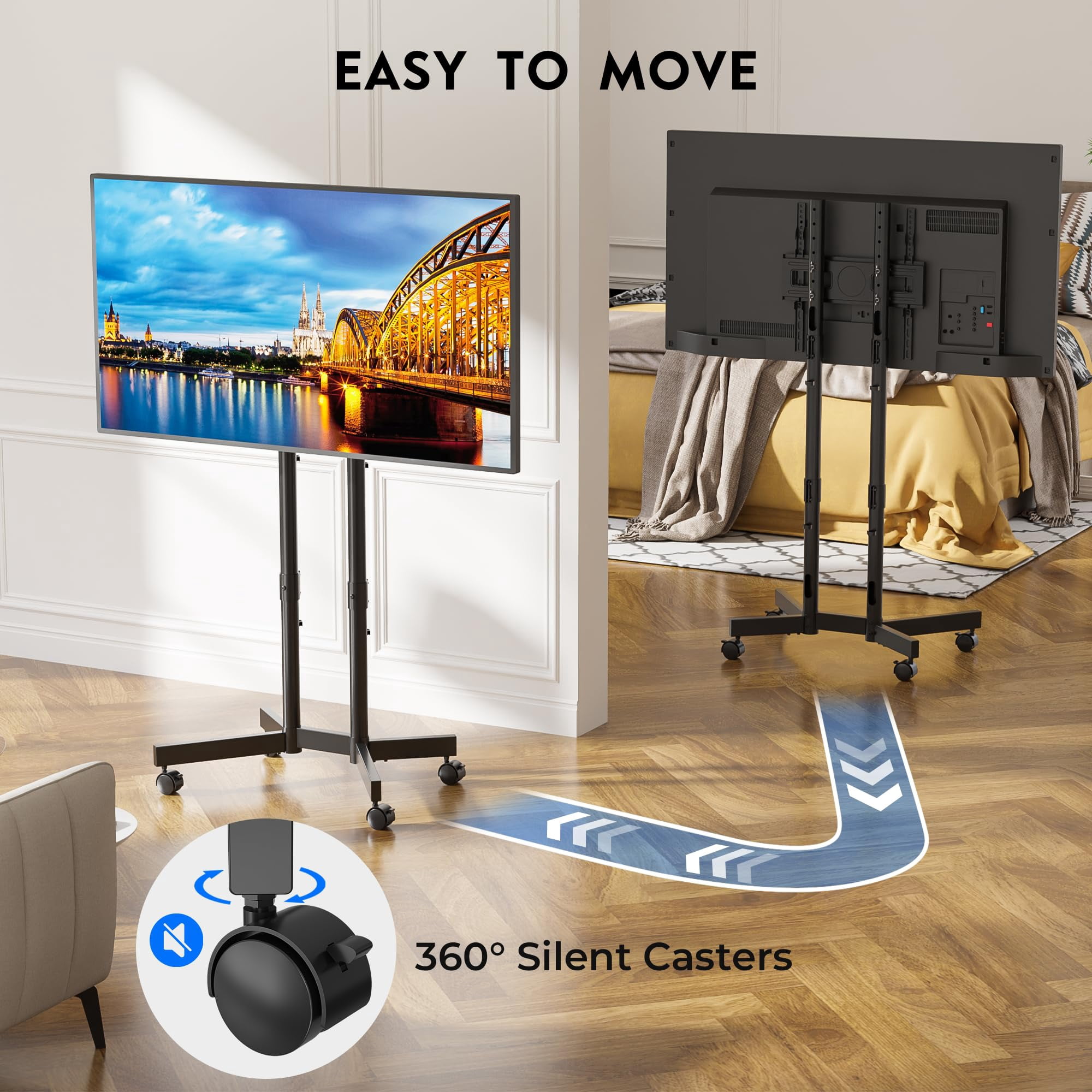 BONTEC Rolling TV Stand for 32-75 Inch TVs, Height Adjustable Mobile TV Cart on Wheels, Heavy Duty TV Stand Supports Up to 110lbs, Stable Dual-Column Design, Cable Management, Indoor, Outdoor