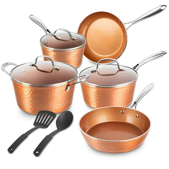 Gotham Steel Diamond Hammered 10 Pc Ceramic Cookware Set Nonstick, Pots and Pans Set Non Stick, Non Toxic, Oven & Dishwasher Safe, Copper