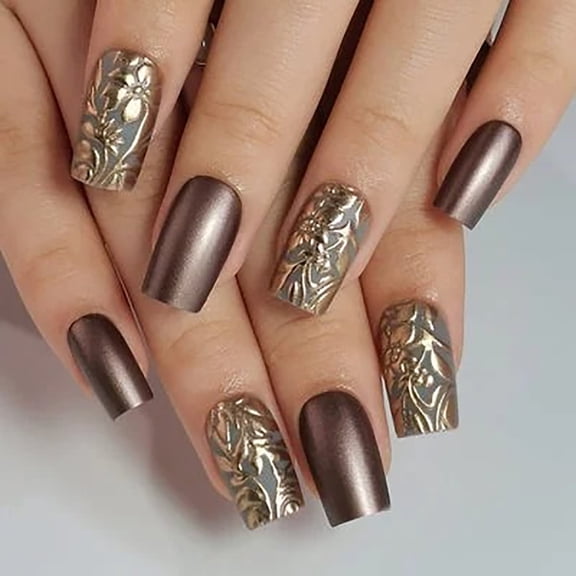 CurvLife Gilded Blooms Press-On Nails - 30PCS Medium Coffin, Vintage Gilt Floral Design