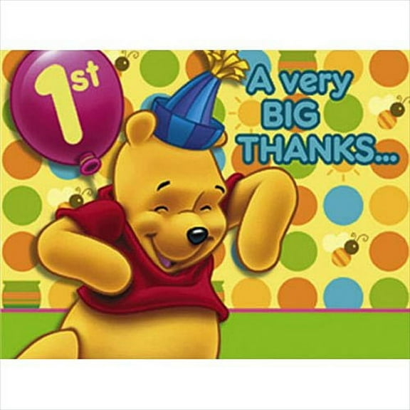 Winnie the Pooh Balloon 1st Birthday Thank You Notes w/ Env. (8ct)