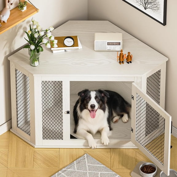 Corner Dog Crate Furniture-Style Kennel End Table for S/M & L Dogs, 52 Inch Indoor Pet House with Mesh Door, Space-Saving Wide-Top, White