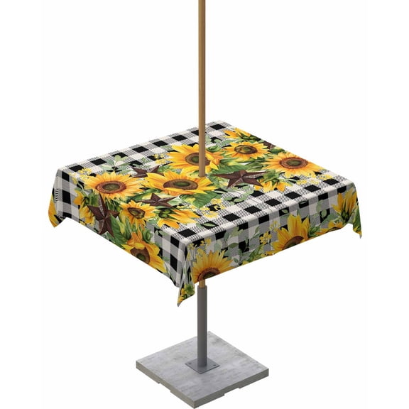 Outdoor Tablecloth with Umbrella Hole for Patio/Picnic/Party/Camping, Sunflower Waterproof Table Cloth Square Cover Washable, Rustic Brown Country Star Black Checkered 54"x 54"
