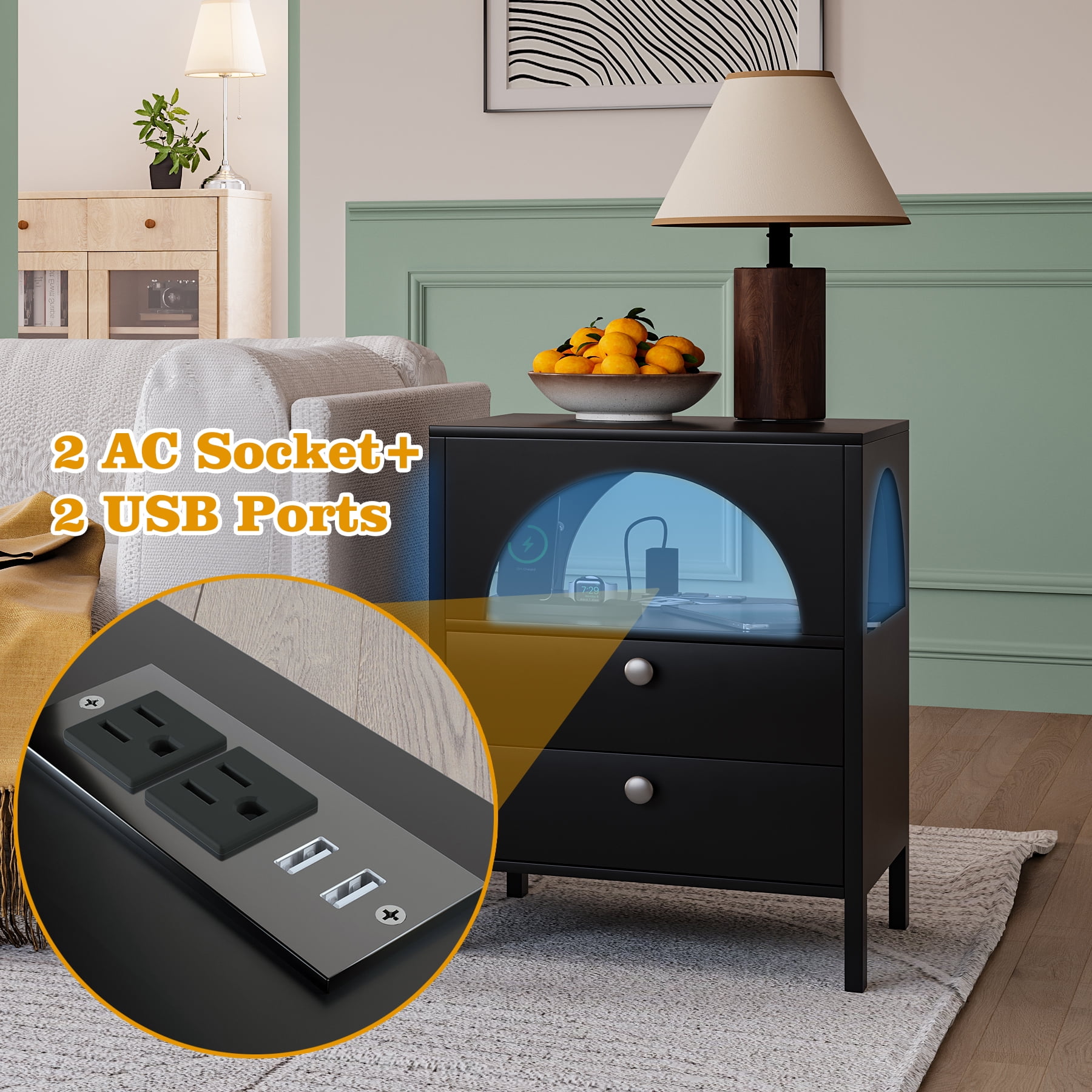 Semiocthome Modern Nightstand with Charging Station 2 Drawer,Bedside Table with USB Port,Black,Adult