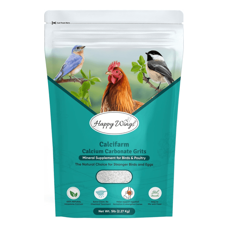 Happy Wings Calcifarm Calcium Carbonate Grits for Birds & Poultry – Natural Limestone, Calcium Supplement for Eggshell Strength & Bone Health – Clean, Chemical-Free – 5 lb