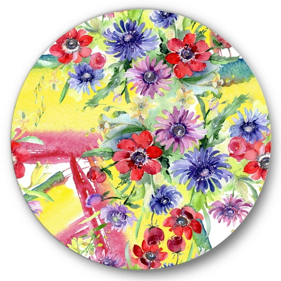Designart 'Wildflowers and Vibrant Wild Spring Leaves V' Modern Circle Metal Wall Art 36x36 - Disc of 36