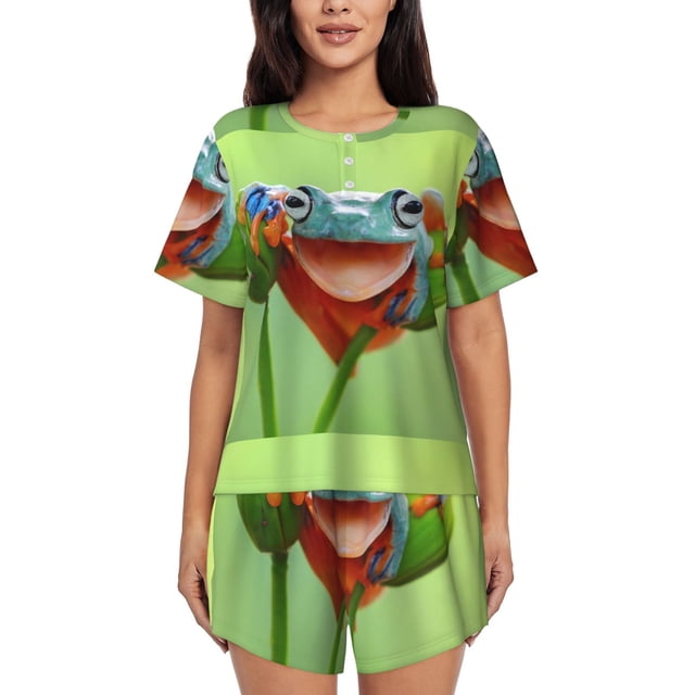 Balery Flying Frog On Branch Conjunto de Pijama para Mujer con Estampado, Dos Piezas de Manga Corta y Shorts, Ropa de Dormir Suave con Cuello Redondo y Bolsillos-Medium