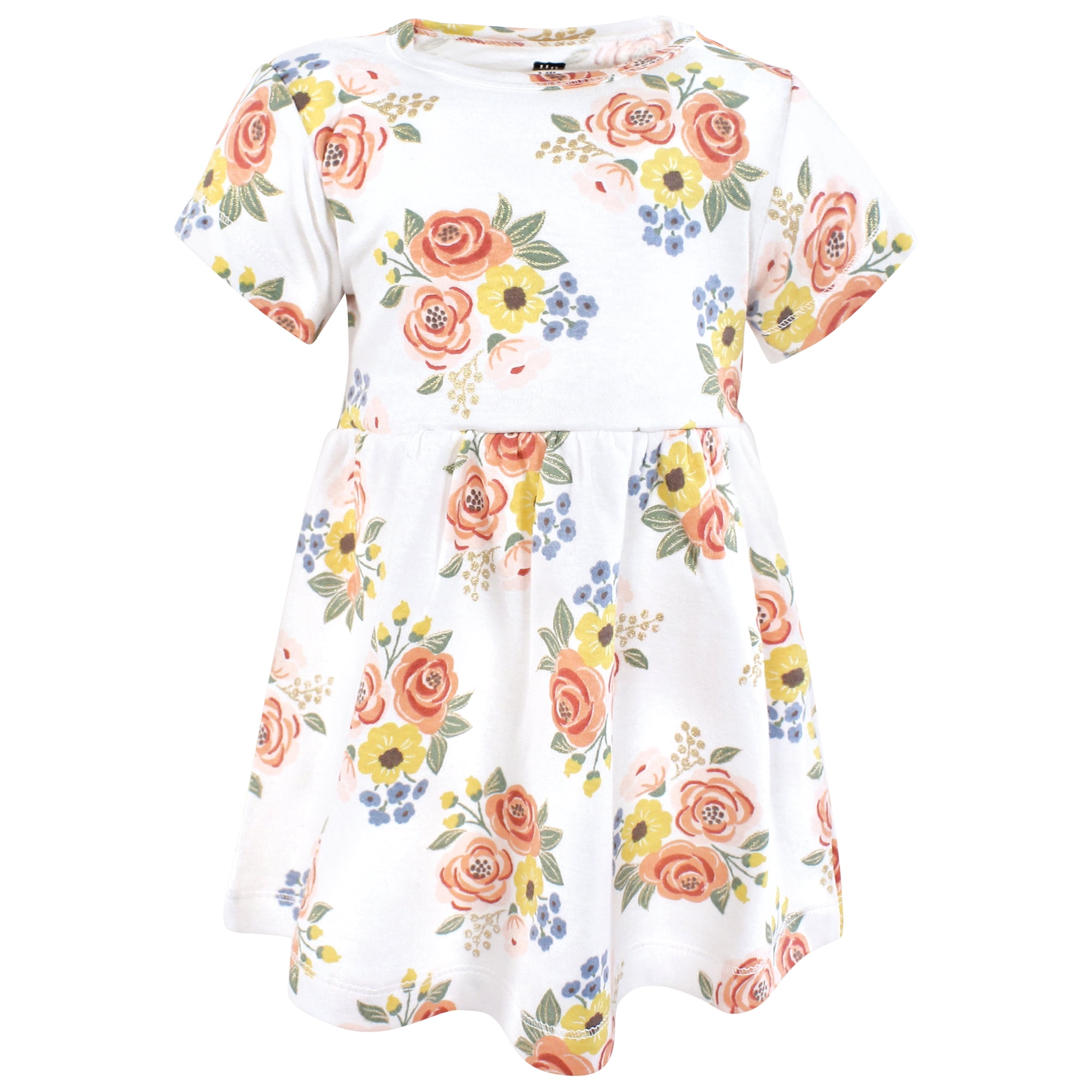 Hudson Baby Girls Cotton Dress and Cardigan Set, Golden Bouquet, 3T