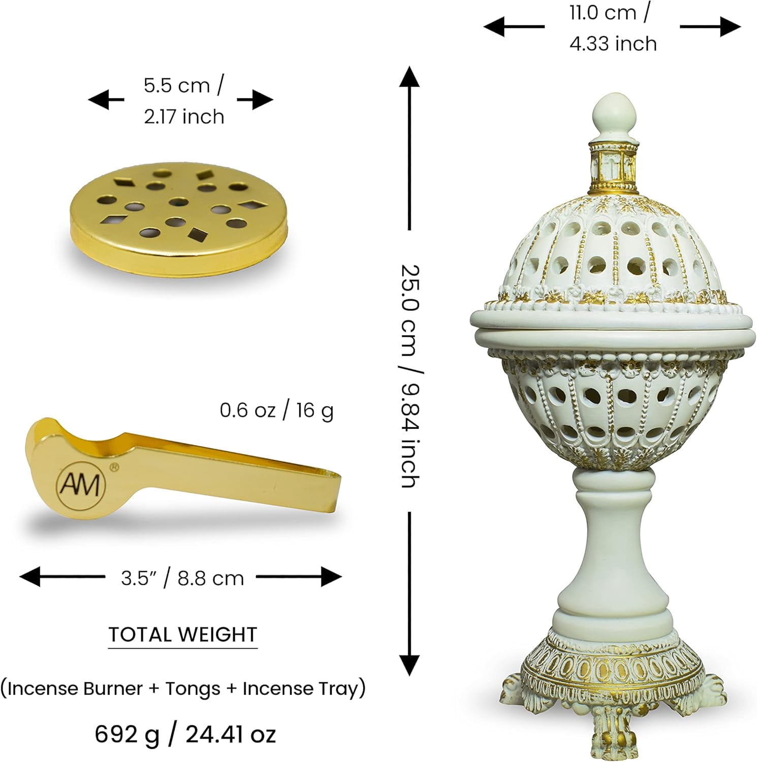 AM Incense Burner Resin Luxury White Globe Charcoal Bakhoor Burners for Your Favorite Arabian Oud Jasmin or Any Other Incense in Powder or Tablet Form for Office & Home Decor
