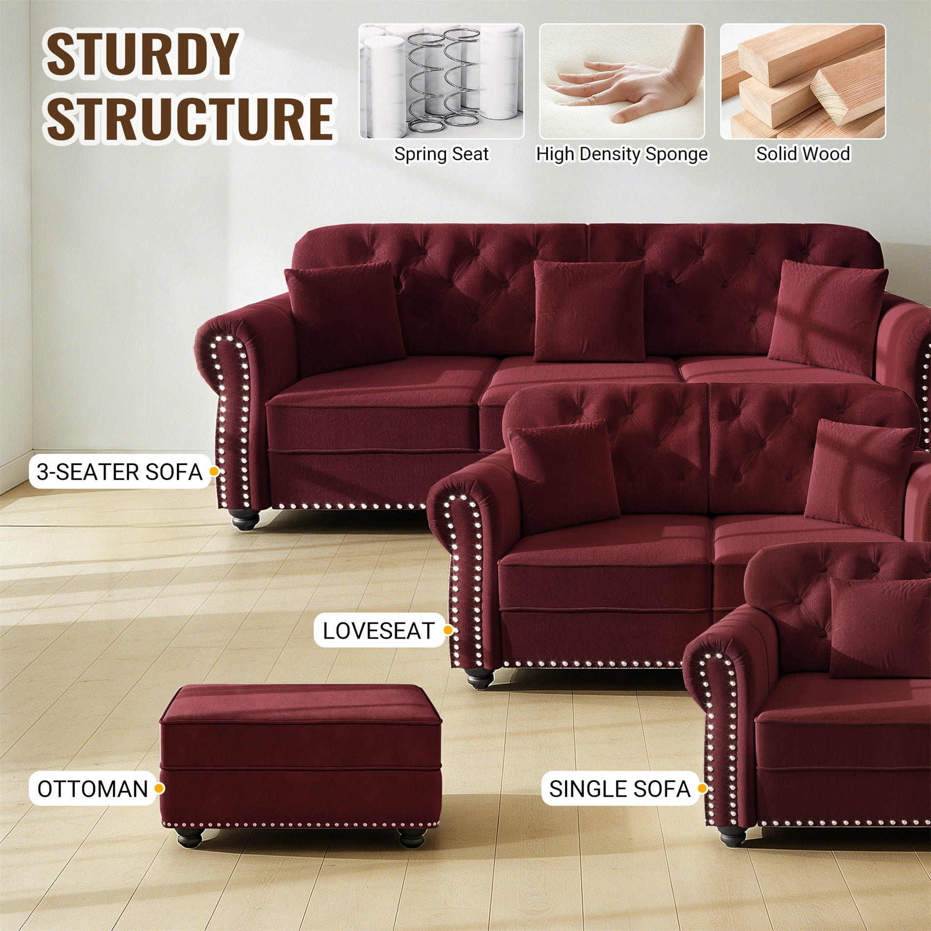 Alvantor 63" Loveseat sofa with Ottman, Upholstered Velvet Couch with Nailhead Trim and Rolled Armrests, Mid-Century Modern Sofa for Living Room Burgundy