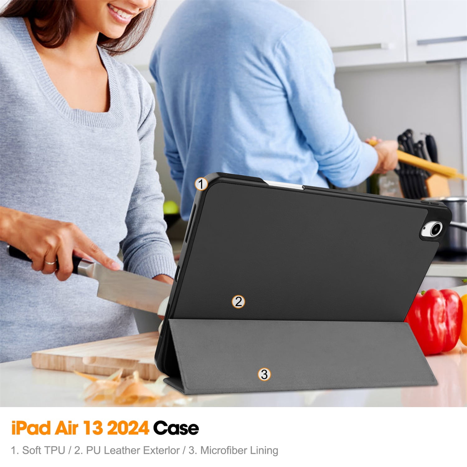 SaniMore for Apple iPad Air 13 (2024) Case, Auto Sleep/Wake, PU Leather Case with Tri-Fold Kickstand & Pencil Holder Shockproof Protective Cover for Women Men, Black