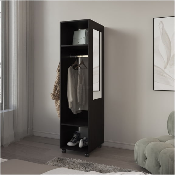 JERFIT Freestanding Wardrobe Closet with Mirror, 3 Shelves & Wheels for Bedroom, Black Engineered Wood Storage Cabinet