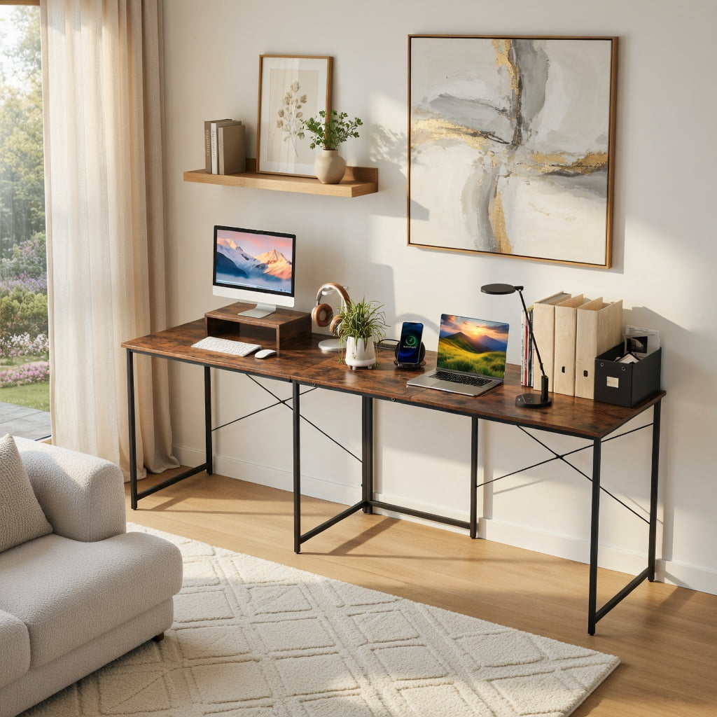 Demi Bonn 95" 2-Person L-Shaped Long Reversible Computer Desk with Monitor Stand, Small Home Office Desk Study Writing Table, Rustic Brown