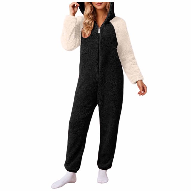 FRSASU Combinaison Ultra Confortable pour Femmes, Pyjama à Capuche avec Fermeture Éclair, Noir TTTTG(TTTTG)