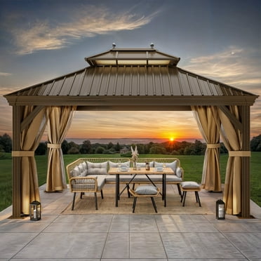 Dextrus 12' x 14'  Outdoor Hardtop Gazebo with Netting & Shaded Curtains, Heavy Duty Double Roof Galvanized Steel Garden Tent for Patio, Backyard, Bronze