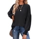 thumbnail image 2 of Camisa informal de punto holgado con cuello redondo y mangas largas con volantes para mujer, color negro, 2 of 6
