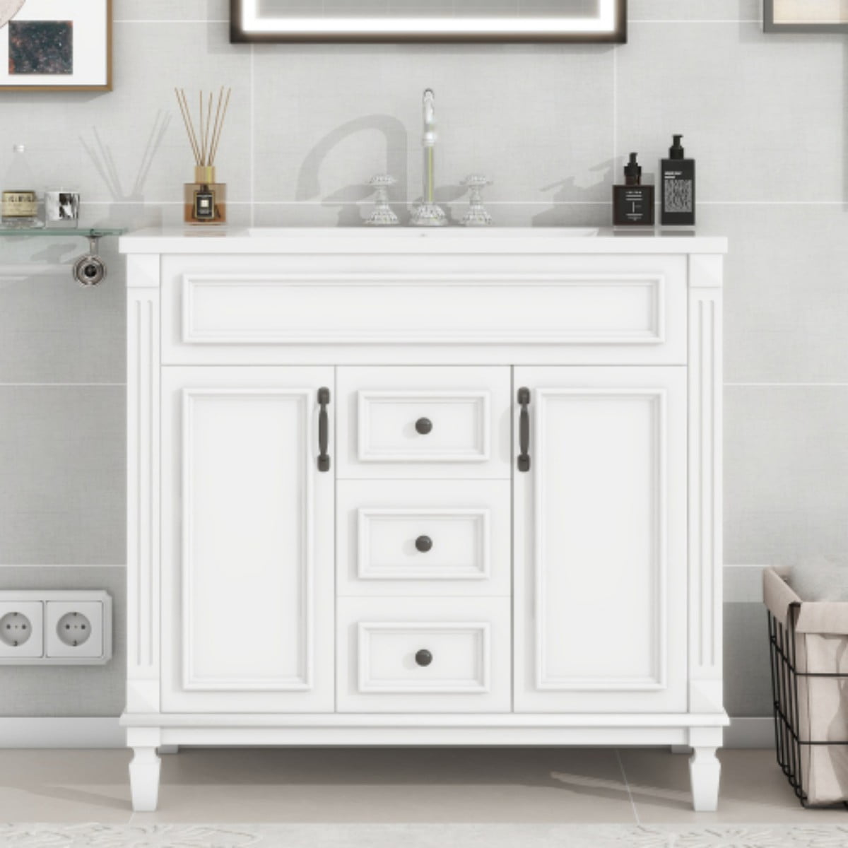 36" Bathroom Vanity with Sink, Modern Freestanding Bathroom Vanity Cabinet with Ceramic Basin, Solid Wood Frame, 2 Soft Close Doors, 2 Drawers, Adjustable Shelf, White