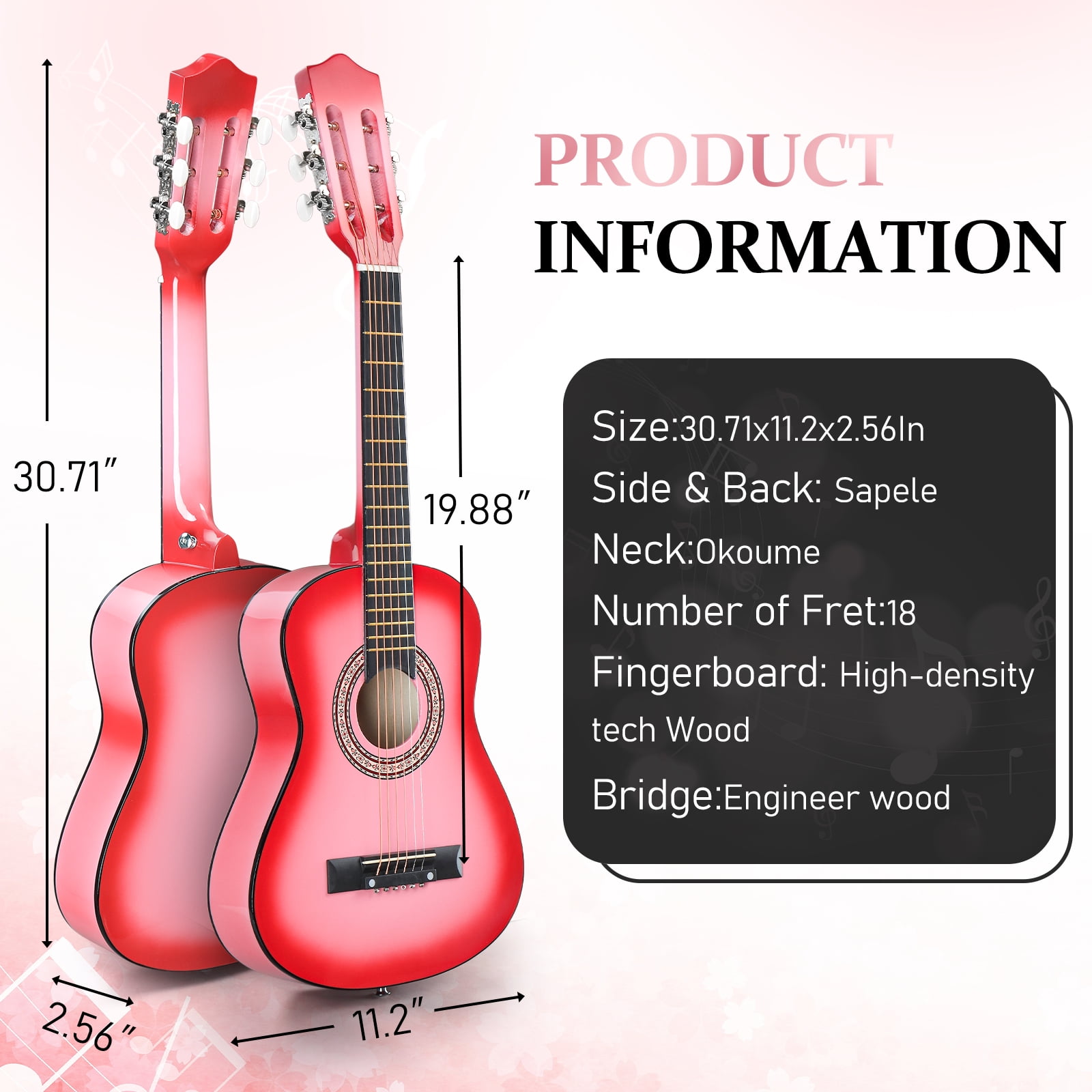 Ktaxon 30in Beginner Round Acoustic Guitar Starter Kit with Bag, Tuner, Extra Strings, Pink
