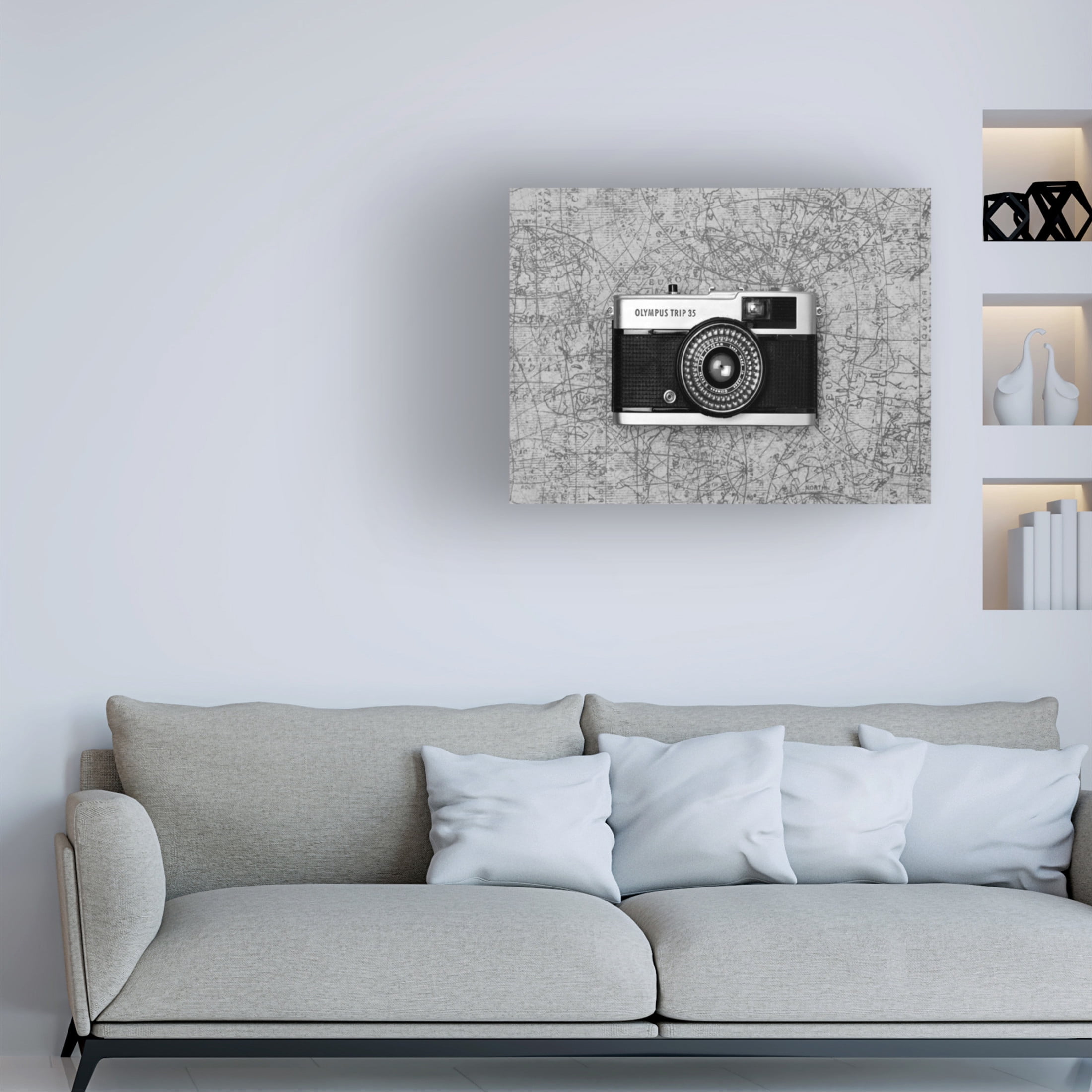 Canvas Wall Art - Tom Quartermaine 'Black and White Camera on Map' Wall Art for Living Room, Bedroom, or Office Décor by Trademark Fine Art - 24 x 18 Inches