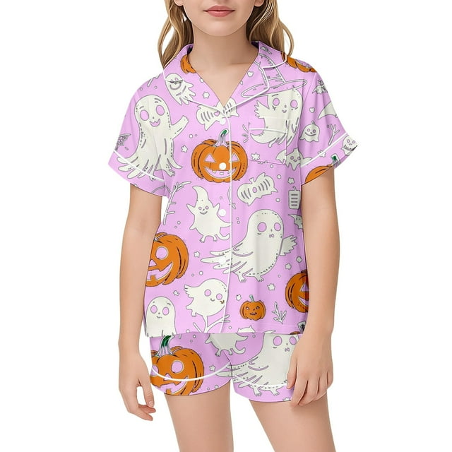 Girls Halloween Pajama Set Soft Printed Silk Like Sleepwear Outfit for Toddler and Kids Comfortable Party Costume