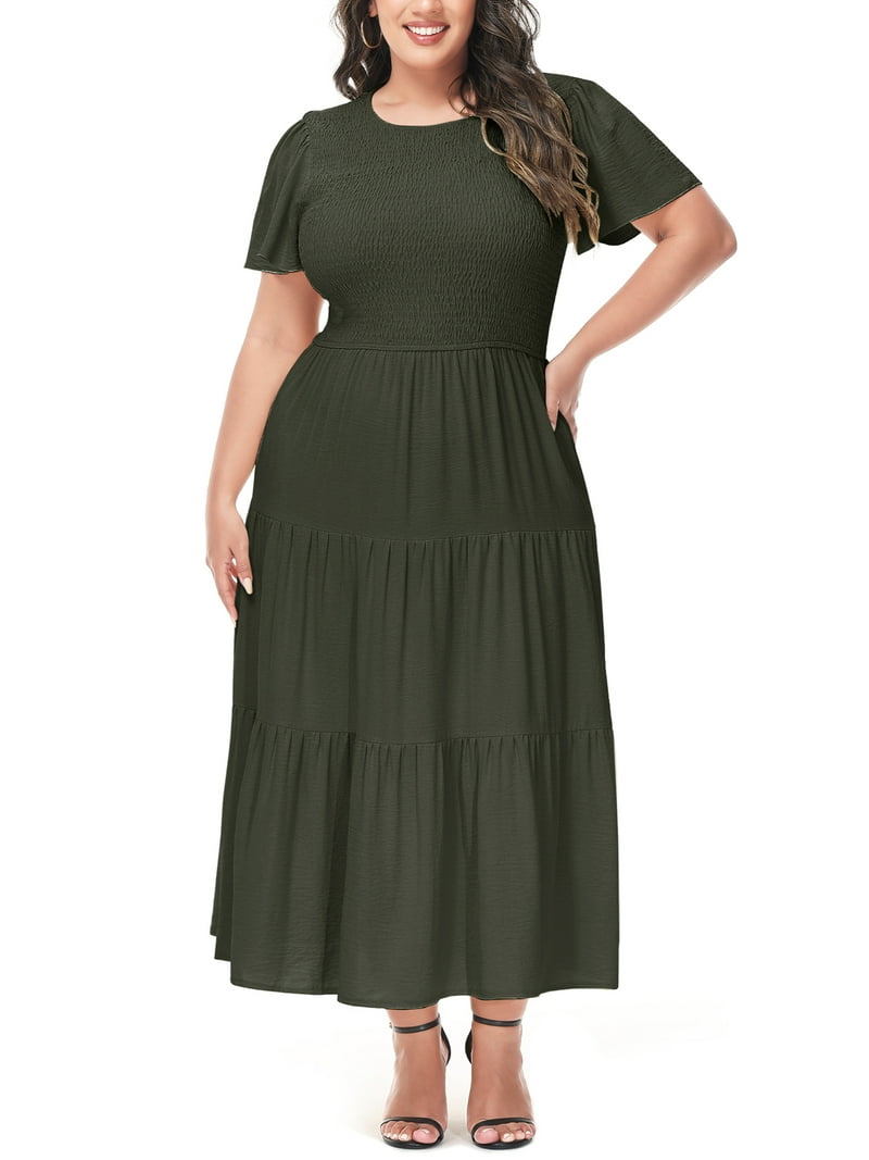 Women's Plus Size Round Neck Flutter Short Sleeve Stretchy Waist Flowy  Smocked Tiered Maxi Dress, Army Green, 4XL - Walmart.com