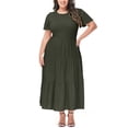 thumbnail image 3 of Women's Plus Size Casual Round Neck Flutter Short Sleeve Elastic Waist Flowy Smocked Tiered Maxi Dress, Army Green, 1X-Large, 3 of 6
