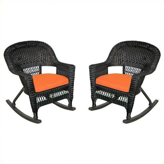 Jeco Wicker Rocker Chair in Black with Orange Cushion (Set of 2)