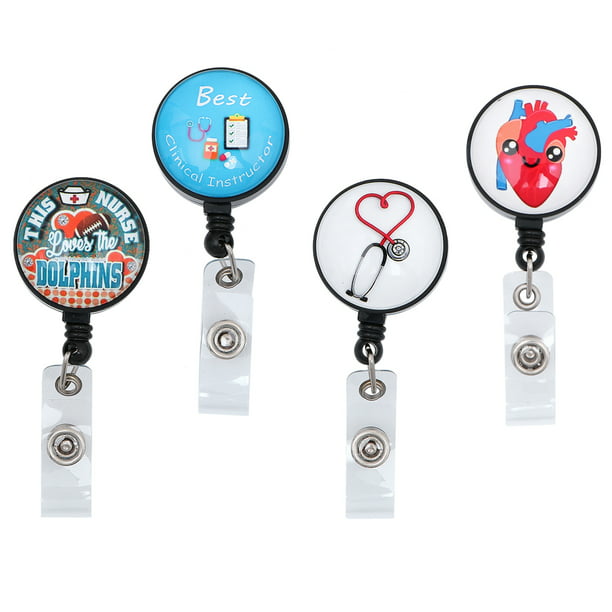 4PCS Retractable Name Tag Hanging Clamp Hospital Chest Card Hanging Clip  Cartoon Printed Badge Reel for Store Office Clinic Hospital 