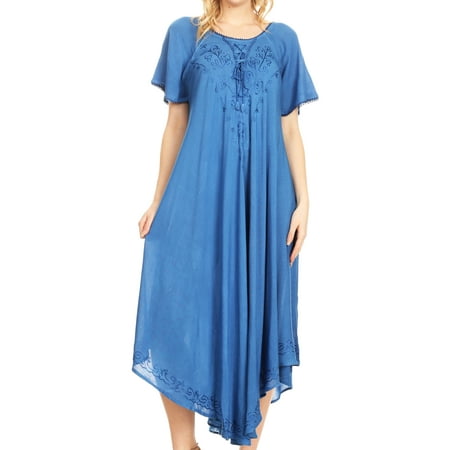 Sakkas Lilia Embroidered Lace Up Bodice Relaxed Fit Maxi Sun Dress - Blue - One Size (Best Way To Store Dresses)
