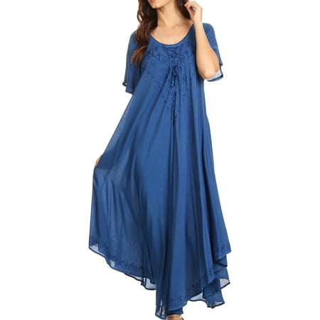 Sakkas Lilia Embroidered Lace Up Bodice Relaxed Fit Maxi Sun Dress - Blue - One Size Regular