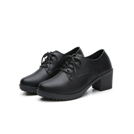 

Woobling Women Faux Leather Shoes Plush Lined Work Shoe Lace Up Block Heels Office Loafers Anti-Slip Casual Loafer Comfort Lightweight Dark Black 4