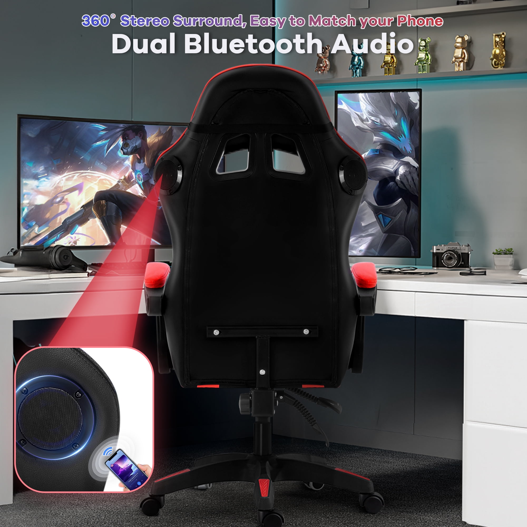 Gaming Chair, Brochao Ergonomic Office Gaming Chair Computer Racing Chair with Footrest Lumbar Support Headrest and Bluetooth Speakers for adults, Red